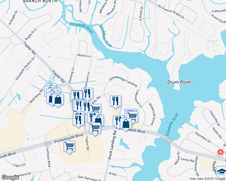 map of restaurants, bars, coffee shops, grocery stores, and more near 2529 Meadows Landing in Chesapeake
