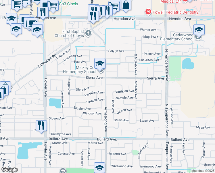 map of restaurants, bars, coffee shops, grocery stores, and more near 55 Armstrong Avenue in Clovis