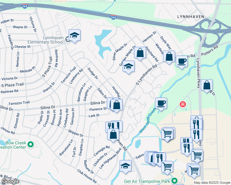 map of restaurants, bars, coffee shops, grocery stores, and more near 374 Hospital Drive in Virginia Beach