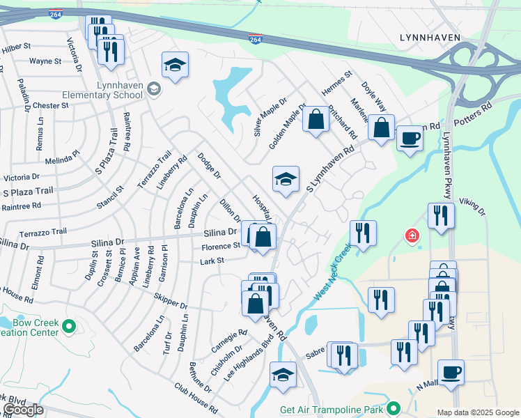 map of restaurants, bars, coffee shops, grocery stores, and more near 374 Hospital Drive in Virginia Beach