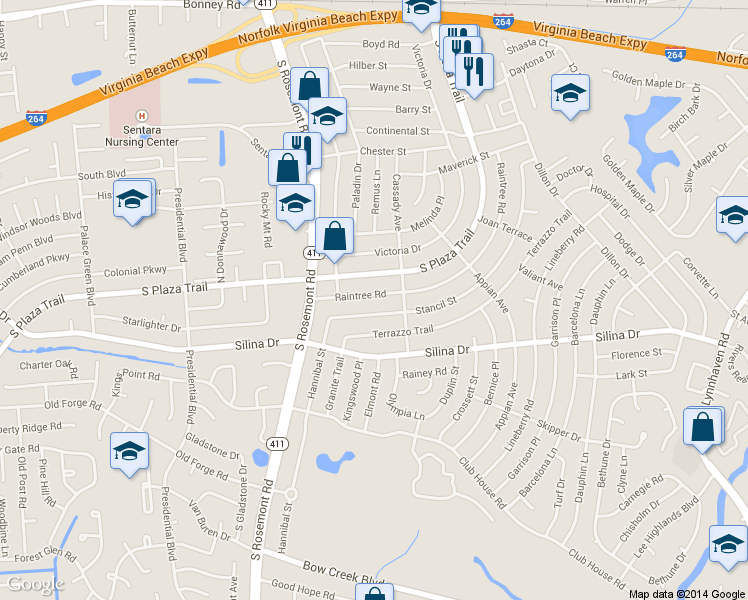 map of restaurants, bars, coffee shops, grocery stores, and more near 3504 Raintree Road in Virginia Beach