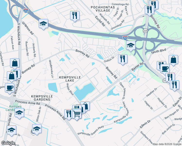 map of restaurants, bars, coffee shops, grocery stores, and more near 4624 Marlwood Way in Virginia Beach