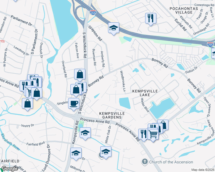 map of restaurants, bars, coffee shops, grocery stores, and more near 213 Mannings Lane in Virginia Beach
