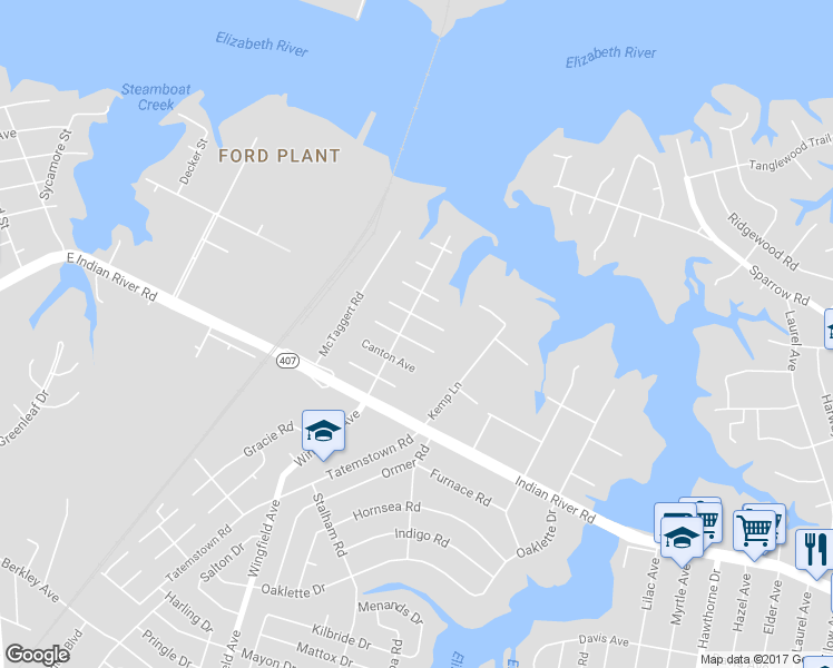 map of restaurants, bars, coffee shops, grocery stores, and more near 2992 Springfield Avenue in Chesapeake