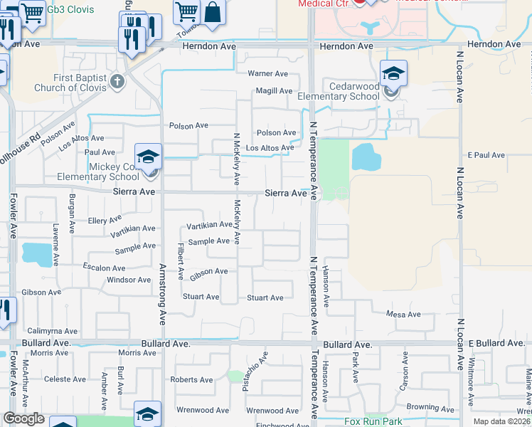 map of restaurants, bars, coffee shops, grocery stores, and more near 49 Magnolia Avenue in Clovis