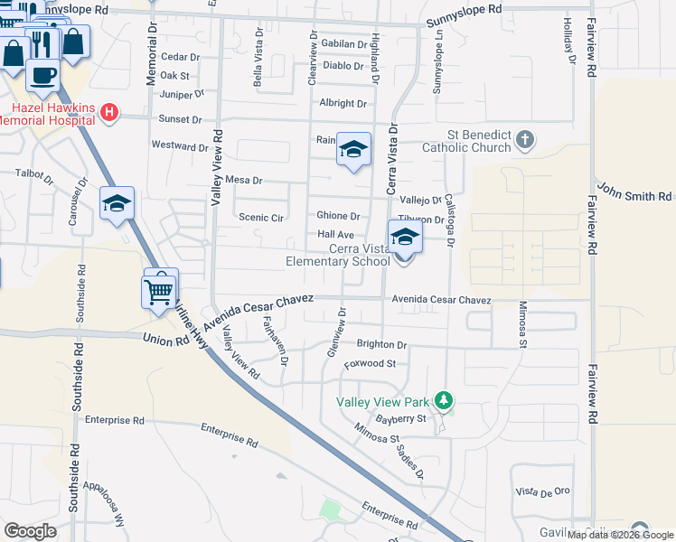 map of restaurants, bars, coffee shops, grocery stores, and more near 2110 Glenview Drive in Hollister