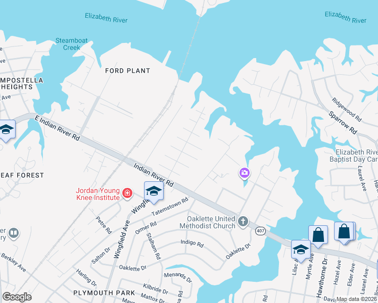 map of restaurants, bars, coffee shops, grocery stores, and more near 2992 Springfield Avenue in Chesapeake