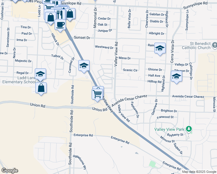 map of restaurants, bars, coffee shops, grocery stores, and more near 2171 White Oak Drive in Hollister