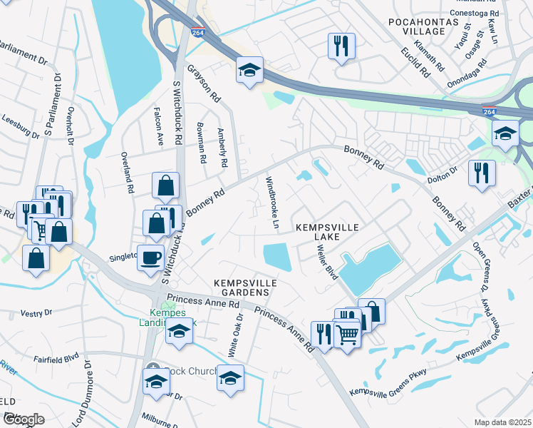 map of restaurants, bars, coffee shops, grocery stores, and more near 4908 Windbrooke Court in Virginia Beach
