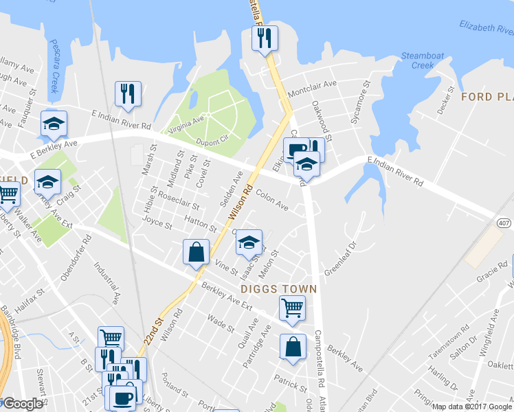map of restaurants, bars, coffee shops, grocery stores, and more near 1300 Conoga Street in Norfolk