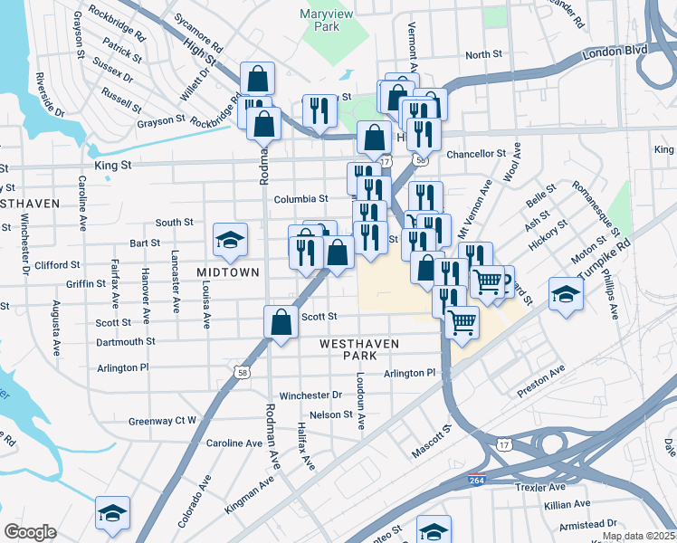 map of restaurants, bars, coffee shops, grocery stores, and more near 1121 Airline Boulevard in Portsmouth