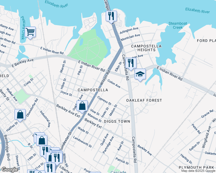 map of restaurants, bars, coffee shops, grocery stores, and more near 1300 Conoga Street in Norfolk