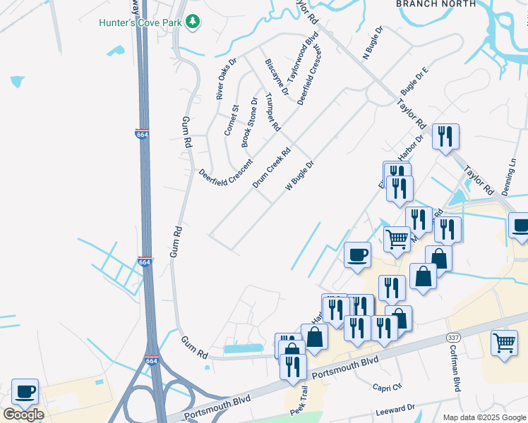 map of restaurants, bars, coffee shops, grocery stores, and more near 2530 West Bugle Drive in Chesapeake