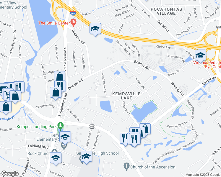 map of restaurants, bars, coffee shops, grocery stores, and more near 4820 Ledura Road in Virginia Beach