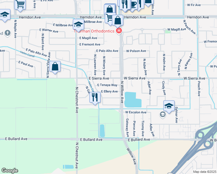 map of restaurants, bars, coffee shops, grocery stores, and more near 3253 East Tenaya Way in Fresno