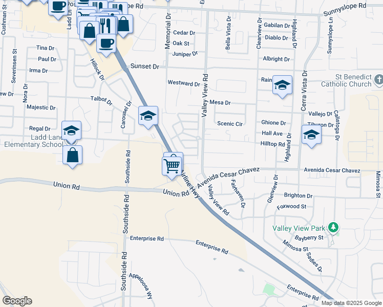 map of restaurants, bars, coffee shops, grocery stores, and more near 2171 White Oak Drive in Hollister