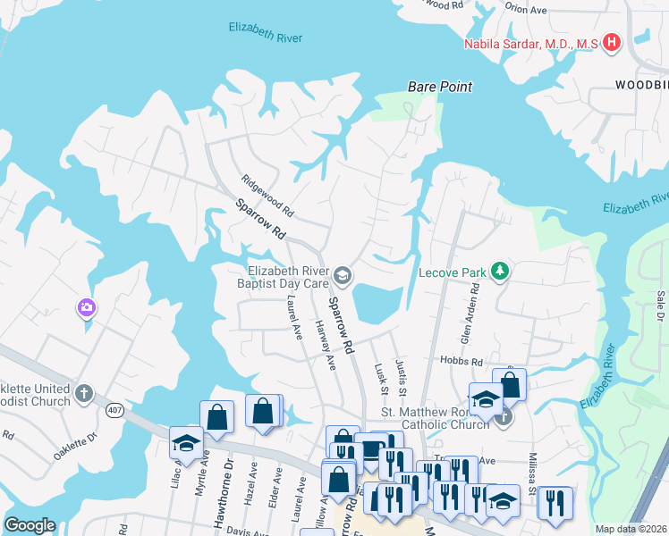 map of restaurants, bars, coffee shops, grocery stores, and more near 752 East Sparrow Road in Chesapeake