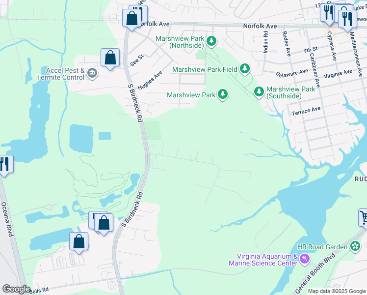 map of restaurants, bars, coffee shops, grocery stores, and more near 1050 Owls Creek Lane in Virginia Beach