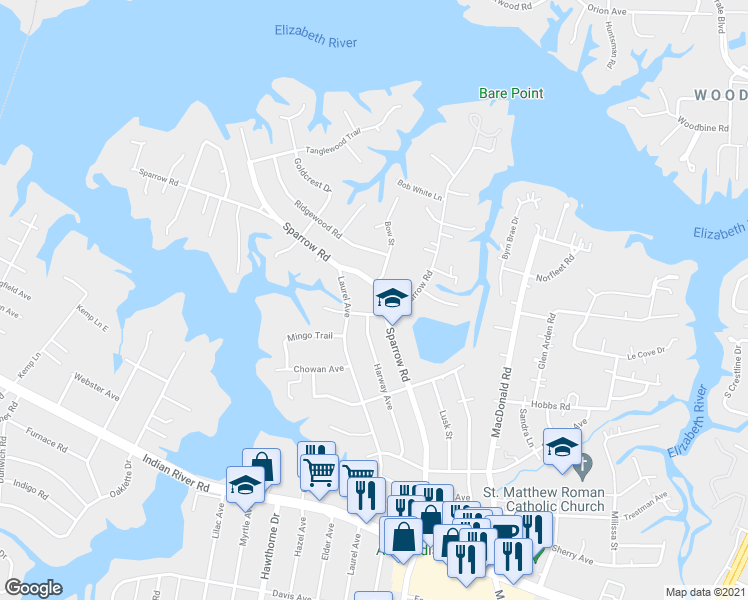 map of restaurants, bars, coffee shops, grocery stores, and more near 512 Sparrow Road in Chesapeake