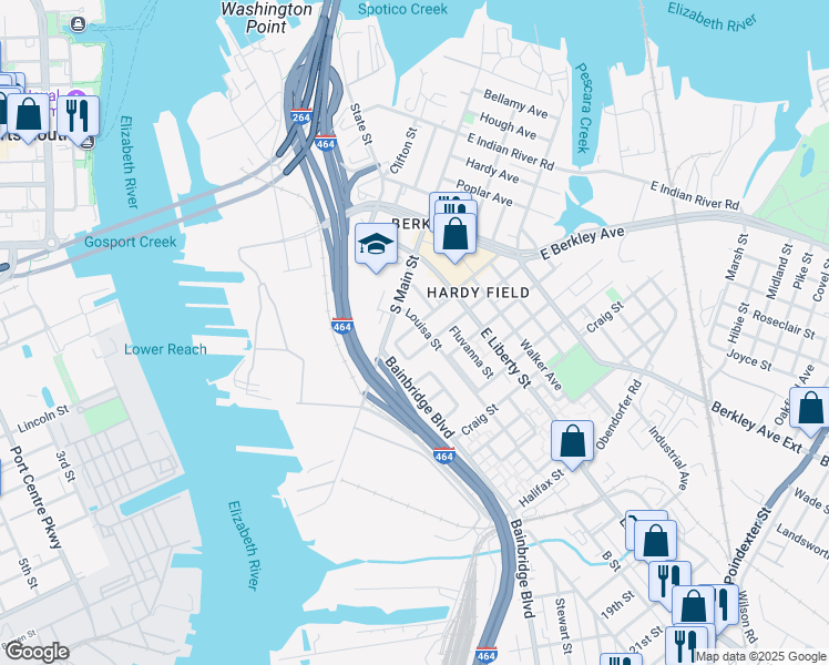 map of restaurants, bars, coffee shops, grocery stores, and more near 1004 Fauquier Street in Norfolk