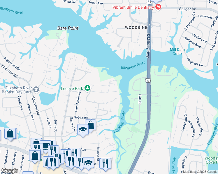 map of restaurants, bars, coffee shops, grocery stores, and more near 936 Le Cove Drive in Virginia Beach