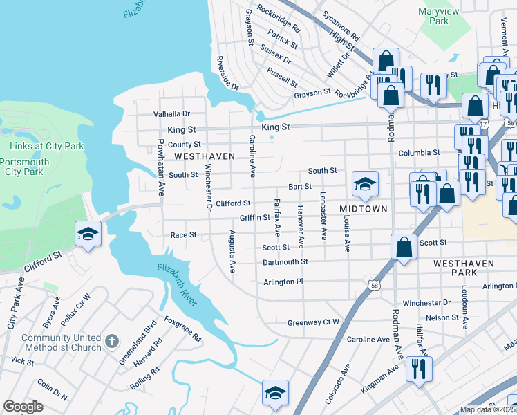 map of restaurants, bars, coffee shops, grocery stores, and more near 4300 Clifford Street in Portsmouth