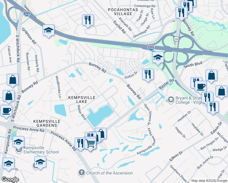 map of restaurants, bars, coffee shops, grocery stores, and more near 4559 Marlwood Way in Virginia Beach