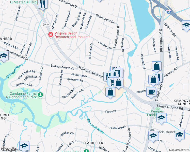 map of restaurants, bars, coffee shops, grocery stores, and more near 5337 Princess Anne Road in Virginia Beach