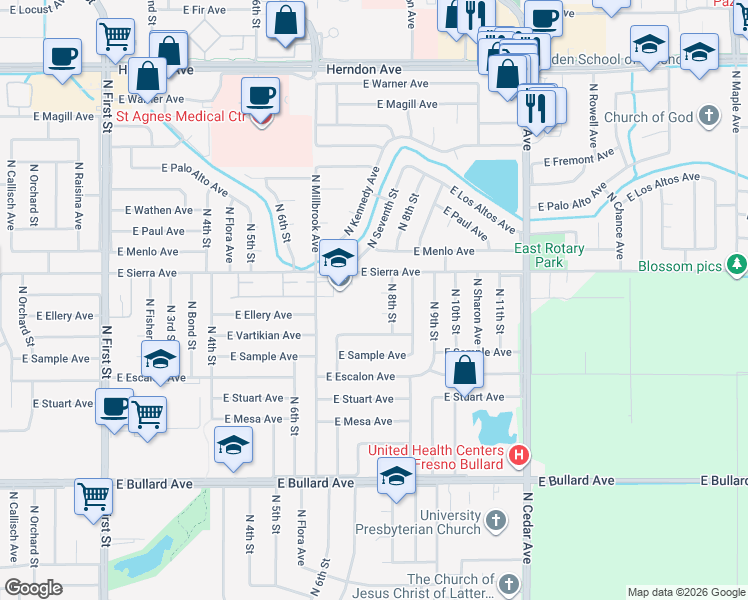 map of restaurants, bars, coffee shops, grocery stores, and more near 6354 North 8th Street in Fresno
