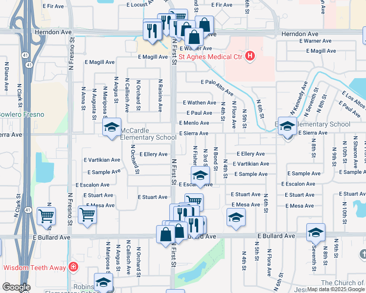 map of restaurants, bars, coffee shops, grocery stores, and more near 6366 North First Street in Fresno
