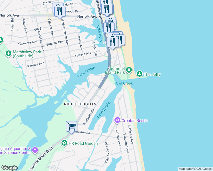 map of restaurants, bars, coffee shops, grocery stores, and more near 409 Southside Road in Virginia Beach