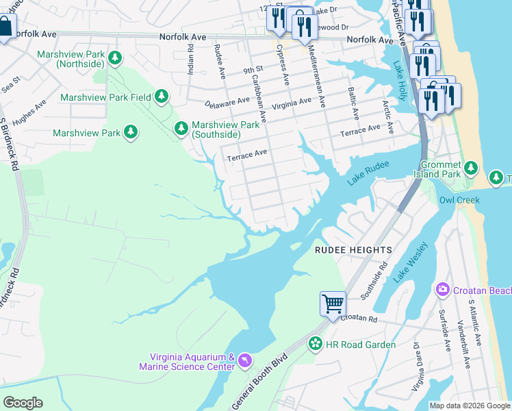 map of restaurants, bars, coffee shops, grocery stores, and more near 838 Goldsboro Avenue in Virginia Beach
