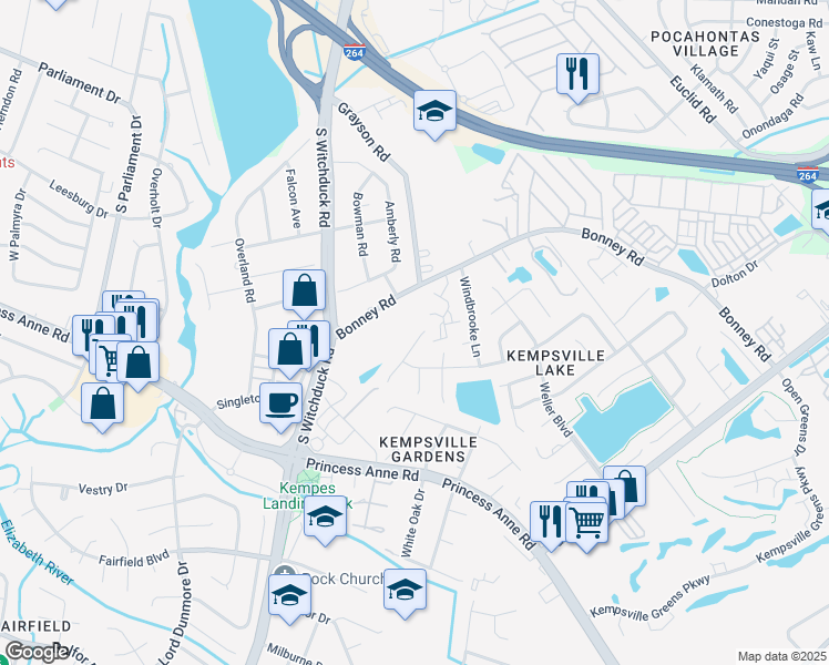 map of restaurants, bars, coffee shops, grocery stores, and more near 213 Mannings Lane in Virginia Beach