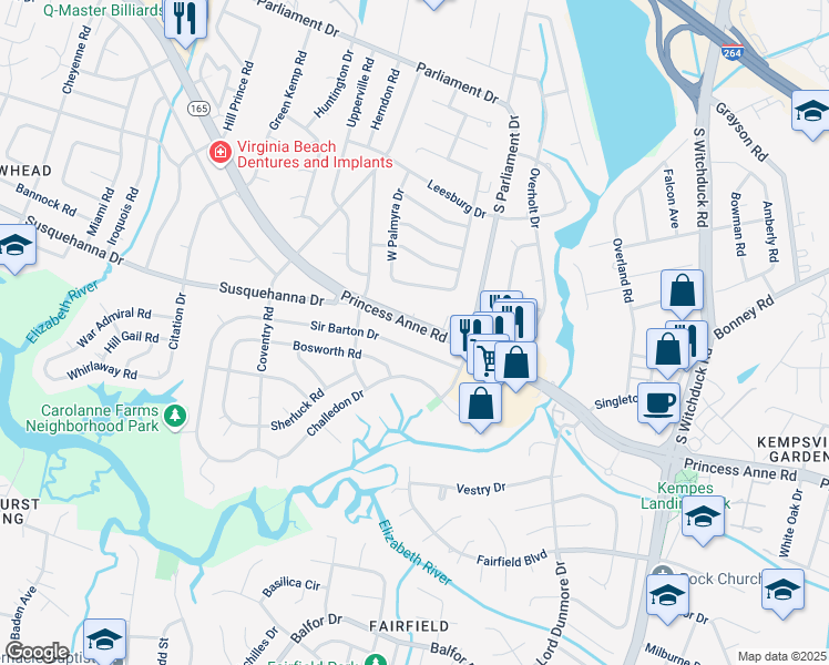 map of restaurants, bars, coffee shops, grocery stores, and more near 5337 Princess Anne Road in Virginia Beach