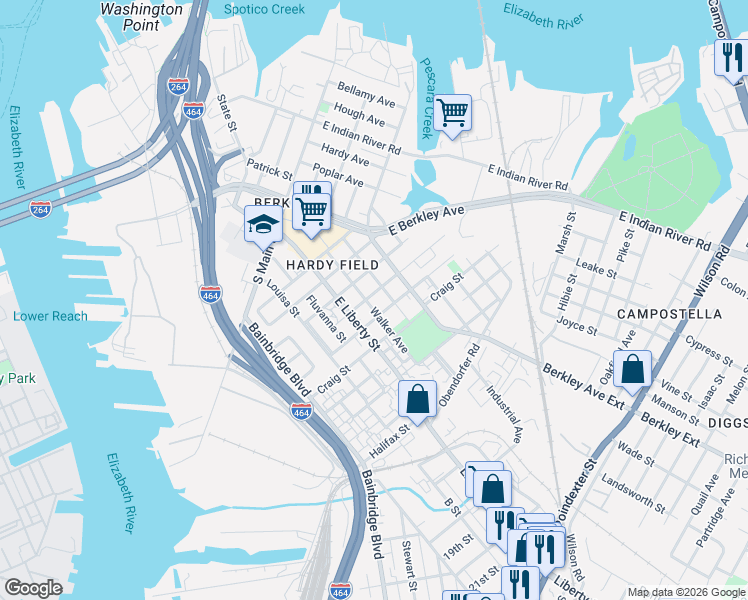 map of restaurants, bars, coffee shops, grocery stores, and more near 708 Lancaster Street in Norfolk