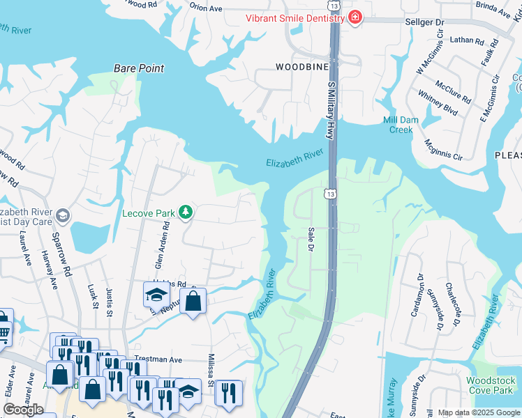 map of restaurants, bars, coffee shops, grocery stores, and more near 3542 Glen Arden Road in Virginia Beach
