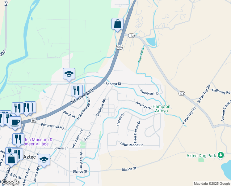 map of restaurants, bars, coffee shops, grocery stores, and more near 602 Anasazi Drive in Aztec
