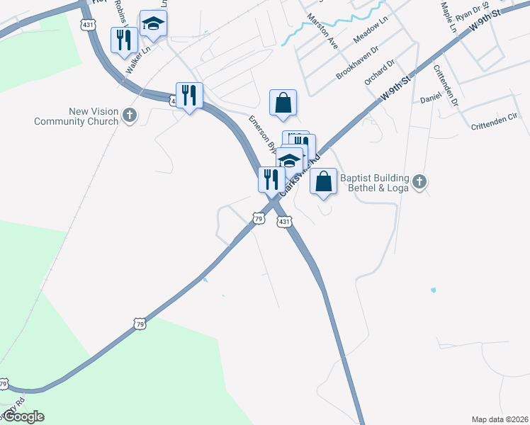 map of restaurants, bars, coffee shops, grocery stores, and more near U.S. 431 in Russellville