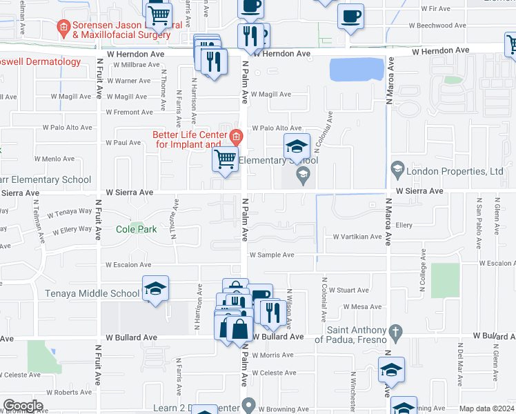 map of restaurants, bars, coffee shops, grocery stores, and more near 6348 North Palm Avenue in Fresno