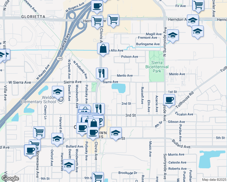 map of restaurants, bars, coffee shops, grocery stores, and more near 115 Osmun Avenue in Clovis