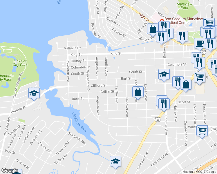 map of restaurants, bars, coffee shops, grocery stores, and more near 4530 Caroline Avenue in Portsmouth