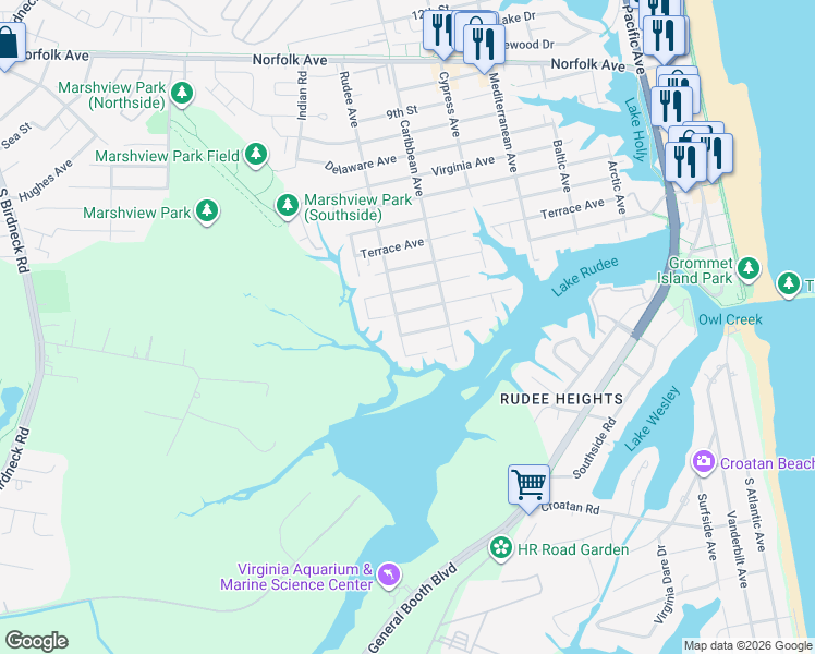 map of restaurants, bars, coffee shops, grocery stores, and more near 838 Goldsboro Avenue in Virginia Beach