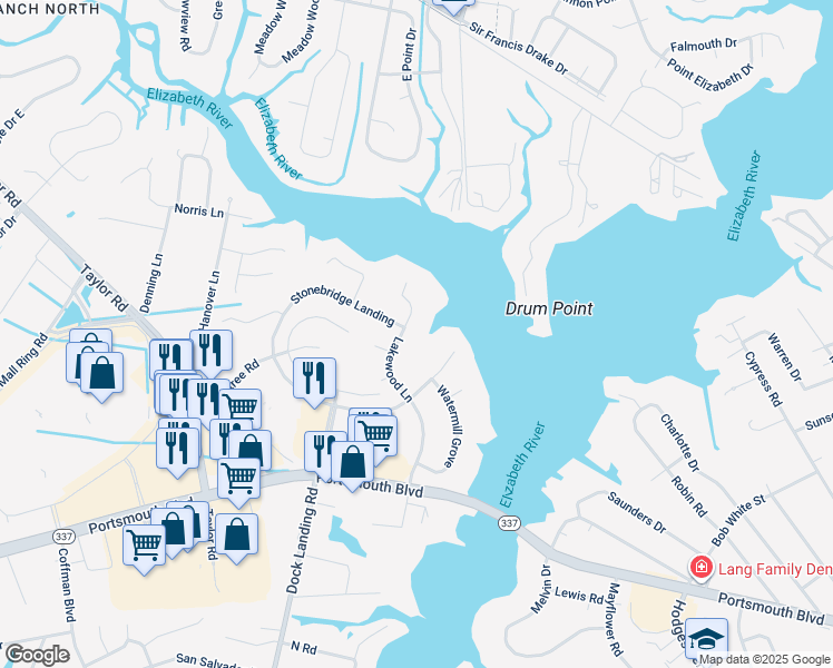 map of restaurants, bars, coffee shops, grocery stores, and more near 2533 Lakewood Lane in Chesapeake