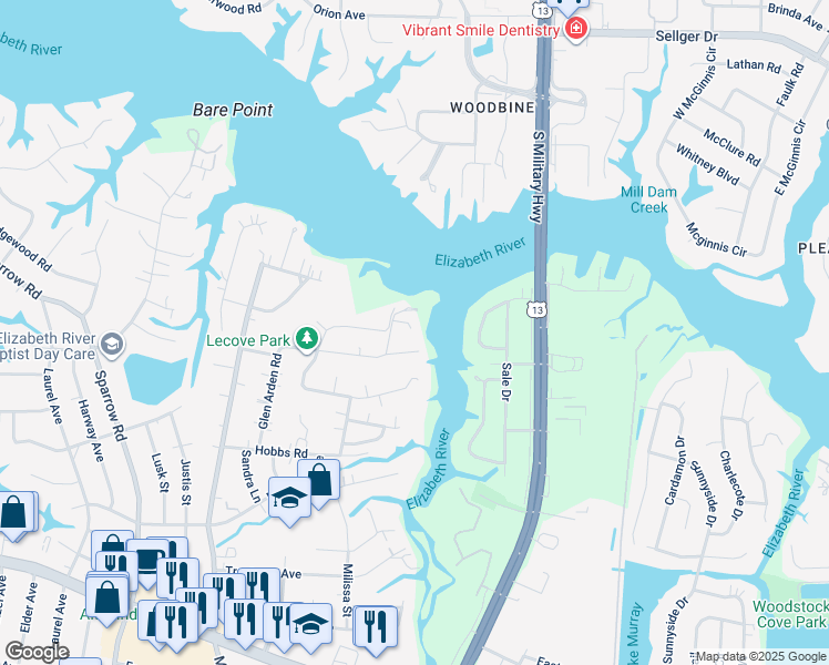map of restaurants, bars, coffee shops, grocery stores, and more near 3542 Glen Arden Road in Virginia Beach