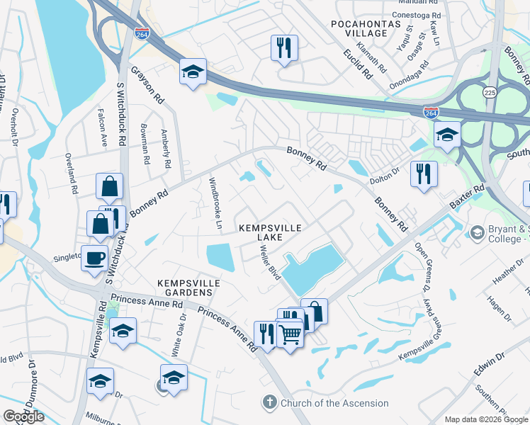 map of restaurants, bars, coffee shops, grocery stores, and more near 4790 Woods Edge Road in Virginia Beach