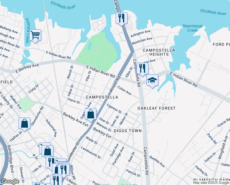 map of restaurants, bars, coffee shops, grocery stores, and more near 1305 Conoga Street in Norfolk
