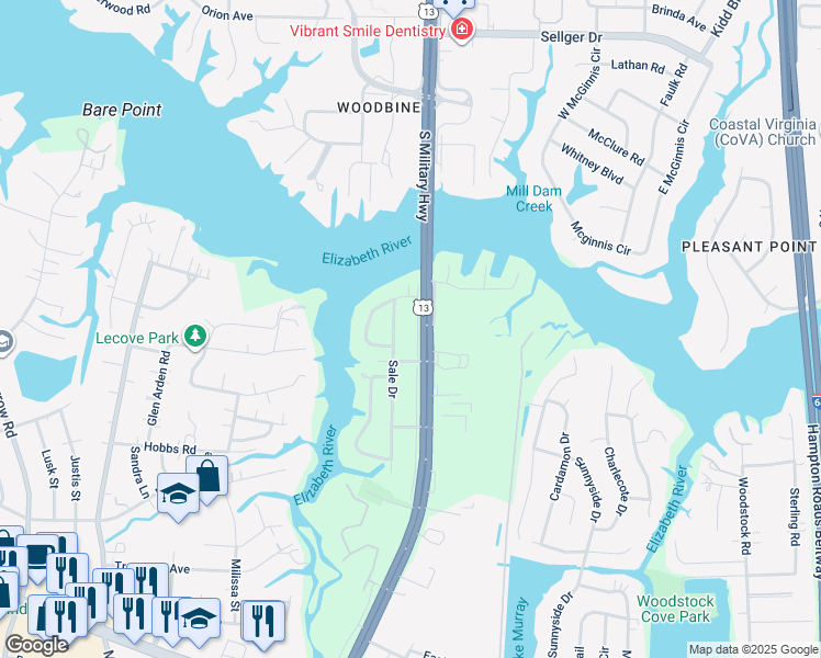 map of restaurants, bars, coffee shops, grocery stores, and more near 417 South Military Highway in Virginia Beach