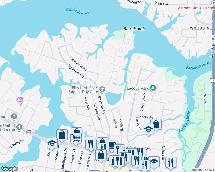 map of restaurants, bars, coffee shops, grocery stores, and more near 801 Silvercrest Lane in Virginia Beach
