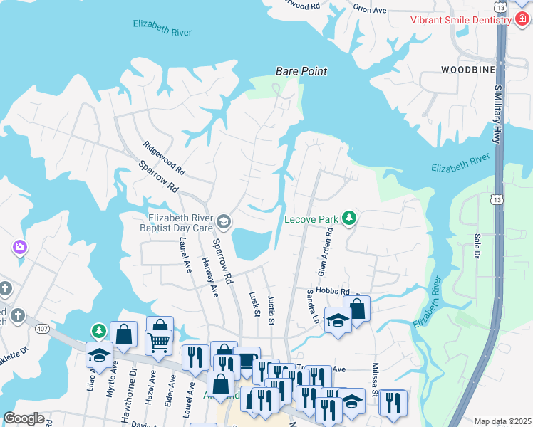 map of restaurants, bars, coffee shops, grocery stores, and more near 824 Silvercrest Lane in Virginia Beach