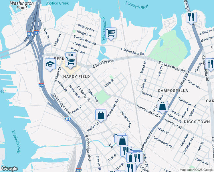 map of restaurants, bars, coffee shops, grocery stores, and more near 801 Whitehead Avenue in Norfolk